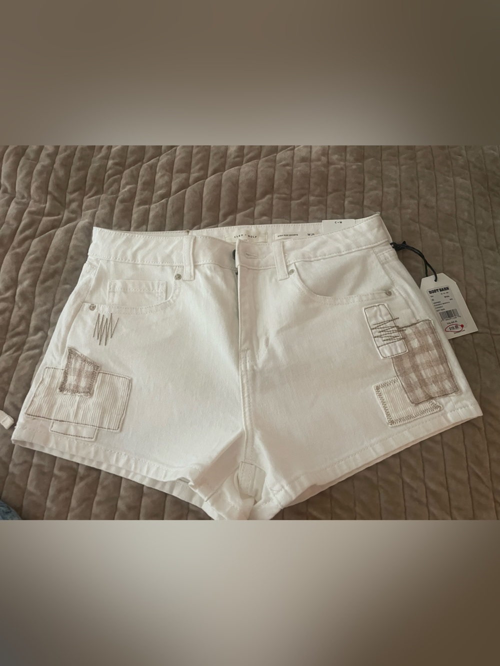 Women's White Patchwork Denim Shorts with Subtle Beige Accents
